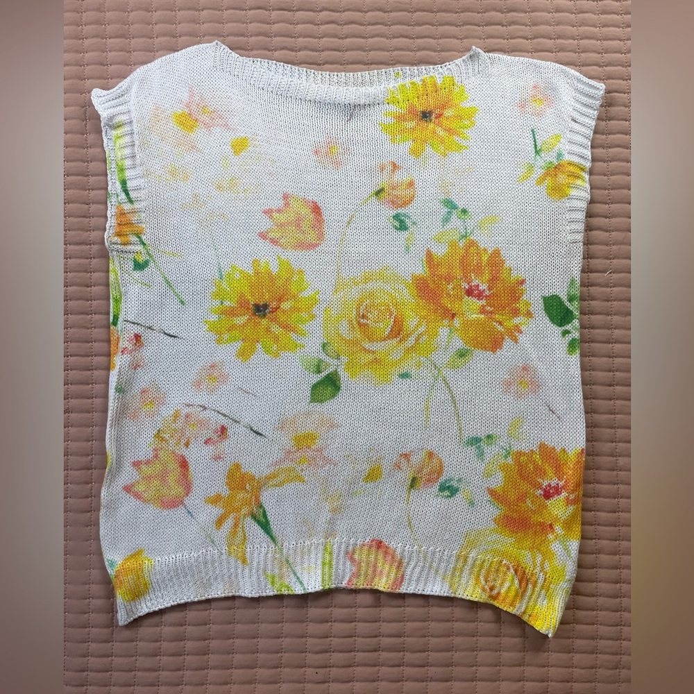 Luisa Ricci Made in Italy Floral Knit Sleeveless Top White Yellow Flowers Med